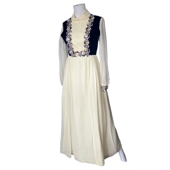 Vintage Velvet Chiffon Long Sleeve Maxi Dress Floral Applique Blue White - Picture 1 of 16